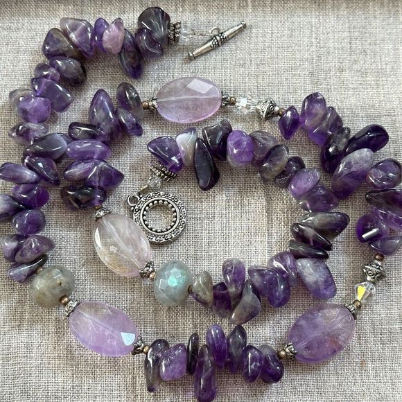 Amethyst Labradorite Beaded Sterling Silver Necklace 19" Toggle Clasp Purple VTG - Picture 1 of 16